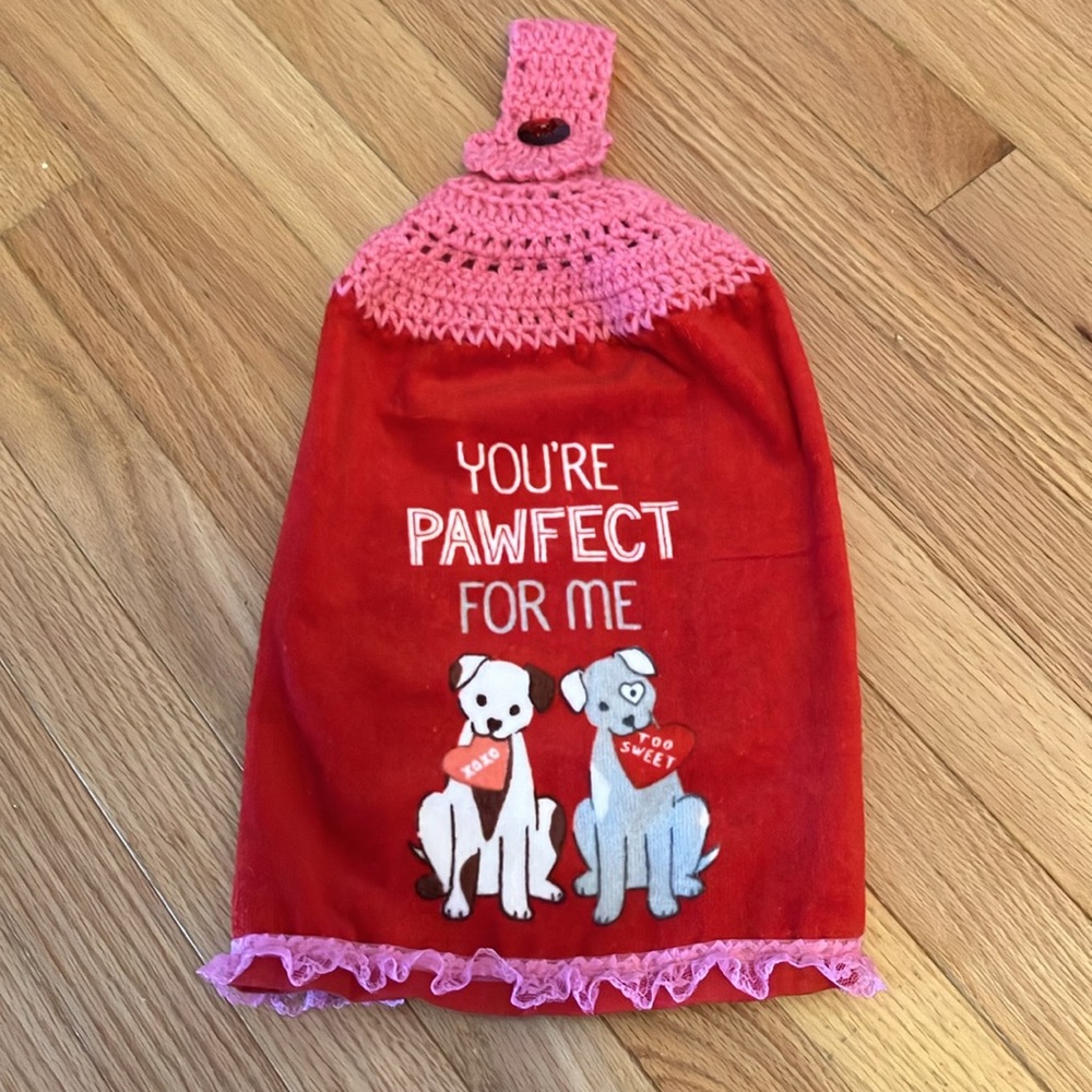Cute Handmade Crochet Red and Pink Dog Towel for Kitchen or Bath